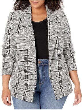 City Chic Plaid Double Breasted Blazer Jacket Black Ivory Size M/18